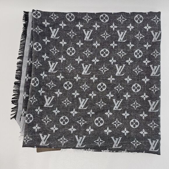 Louis Vuitton Silk/Wool Monogram Scarf Shawl Stole Black/Gray Made in Italy - Picture 10 of 16